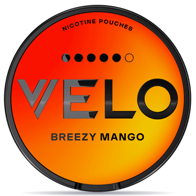 Front view of a can of VELO Breezy Mango 14mg nicotine pouches