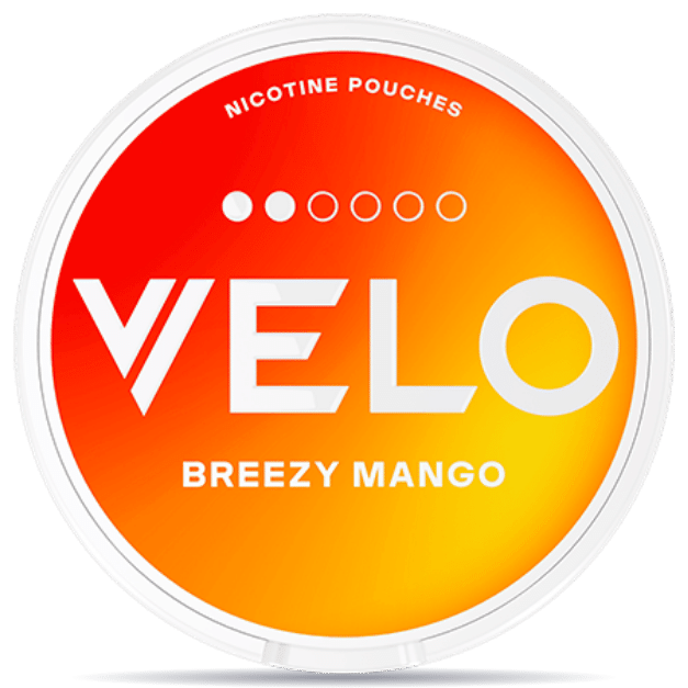 Front view of a can of VELO Breezy Mango nicotine pouches