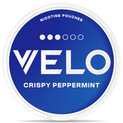 Front view of a can of VELO Crispy Peppermint Mini nicotine pouches