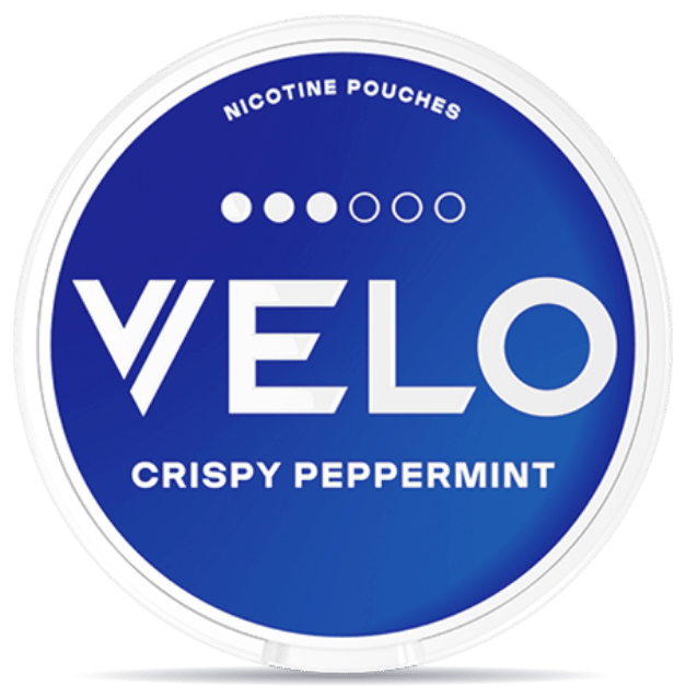 Front view of a can of VELO Crispy Peppermint Mini nicotine pouches