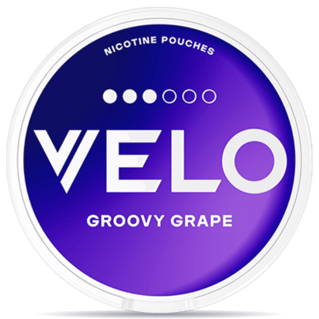 Front view of a can of VELO Groovy Grape nicotine pouches