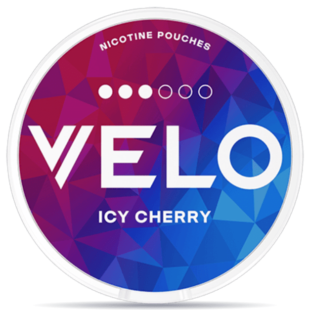 Front view of a can of VELO Icy Cherry nicotine pouches