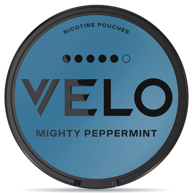 Front view of a can of VELO Mighty Peppermint Ultra 14mg Slim nicotine pouches