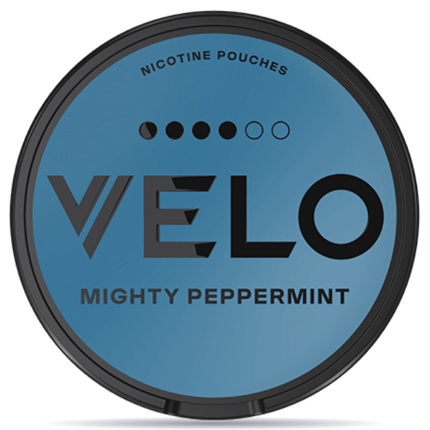 Front view of a can of VELO Mighty Peppermint Slim nicotine pouches