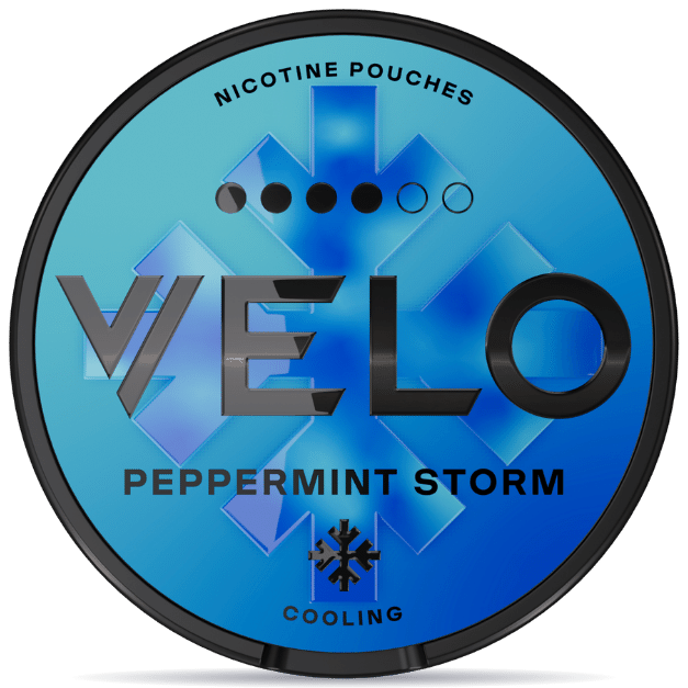 Front view of a can of VELO Peppermint Storm nicotine pouches