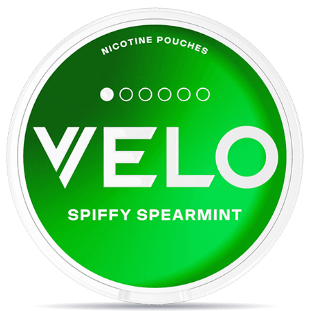 Front view of a can of VELO Spiffy Spearmint Mini nicotine pouches