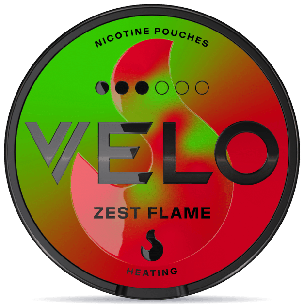 Front view of a can of VELO Zest Flame nicotine pouches