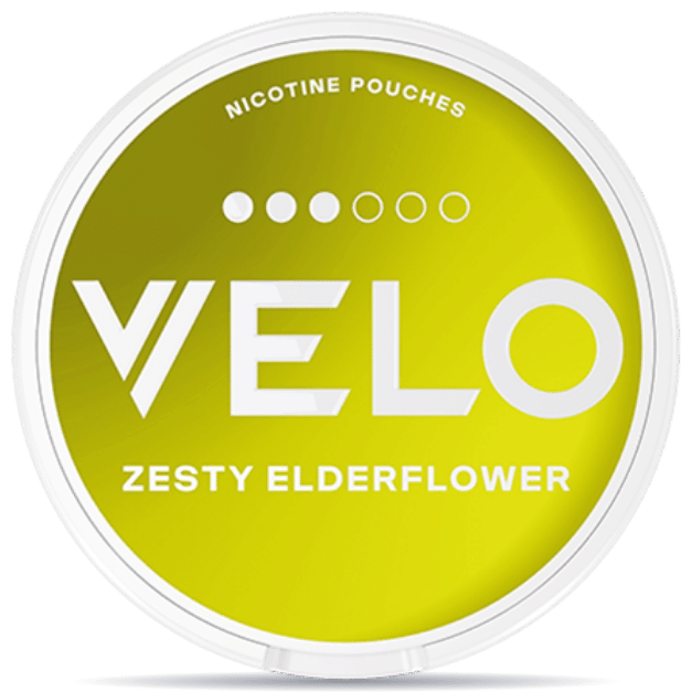 Front view of a can of VELO Zesty Elderflower nicotine pouches