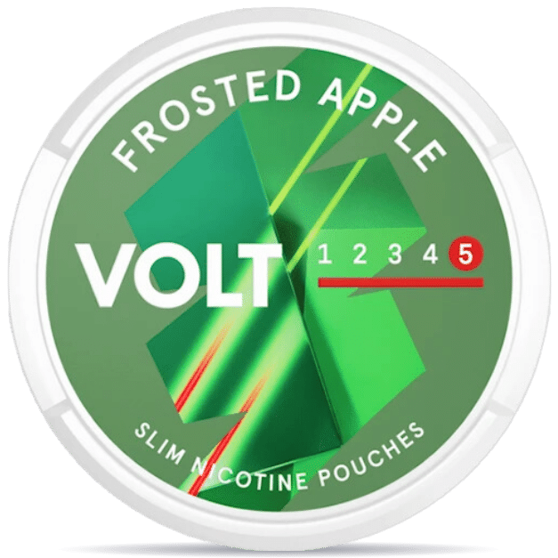 Front view of a can of VOLT Frosted Apple Slim Super Strong nicotine pouches