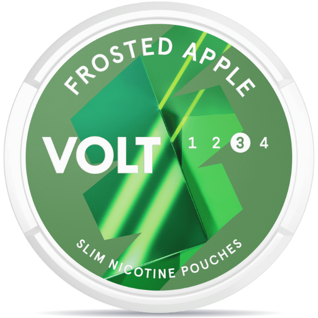 Front view of a can of VOLT Frosted Apples Strong nicotine pouches