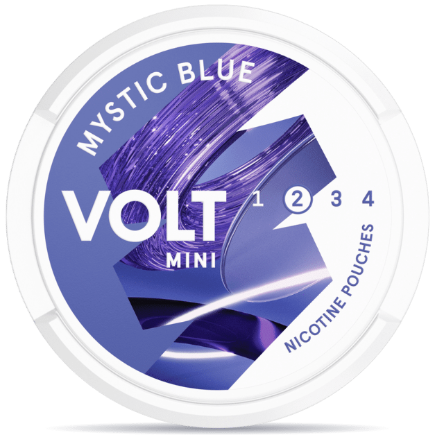 Front view of a can of VOLT Mini Mystic Blue nicotine pouches