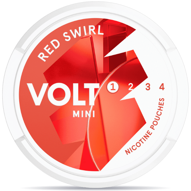 Front view of a can of VOLT Mini Red Swirl nicotine pouches