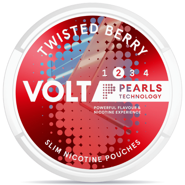 Front view of a can of VOLT Pearls Twisted Berry nicotine pouches