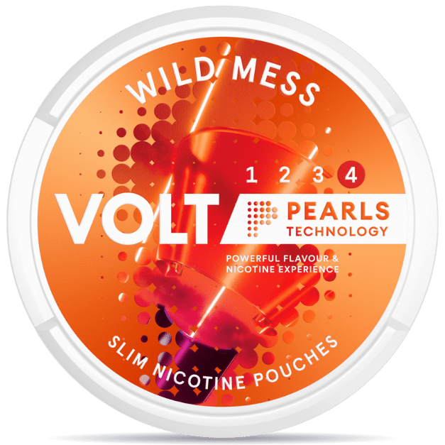 Front view of a can of VOLT Pearls Wild Mess nicotine pouches