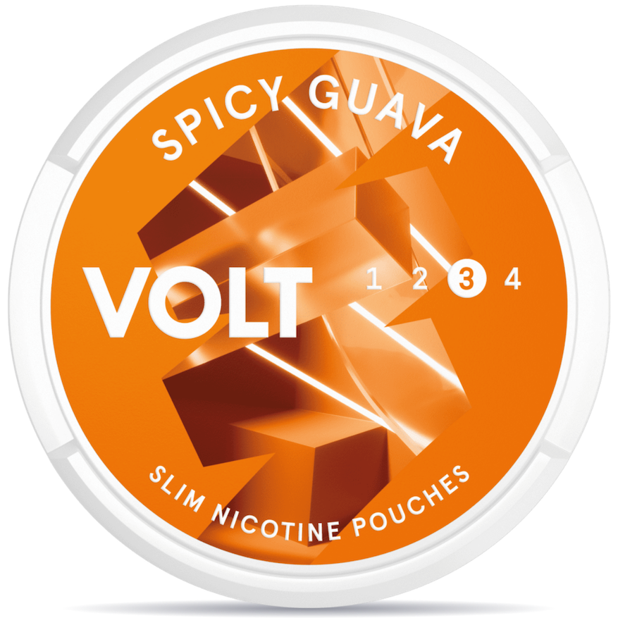 Front view of a can of VOLT Spicy Guava Strong nicotine pouches