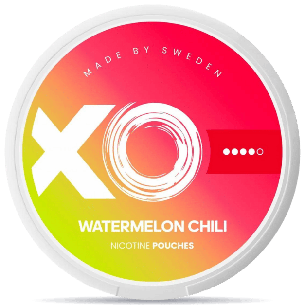 Front view of a can of XO Watermelon Chili nicotine pouches