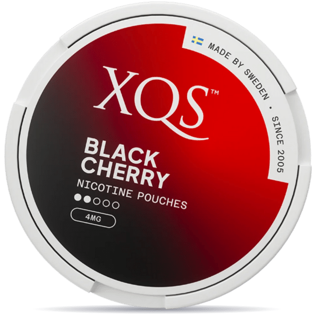 Front view of a can of XQS Black Cherry Light nicotine pouches