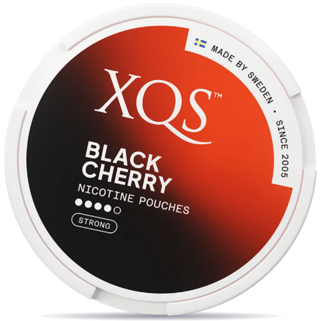 Front view of a can of XQS Black Cherry Strong nicotine pouches