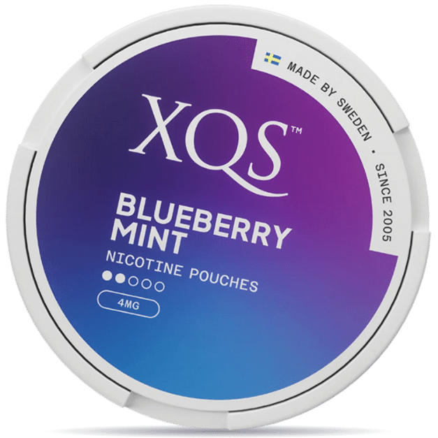 Front view of a can of XQS Blueberry Mint Light nicotine pouches