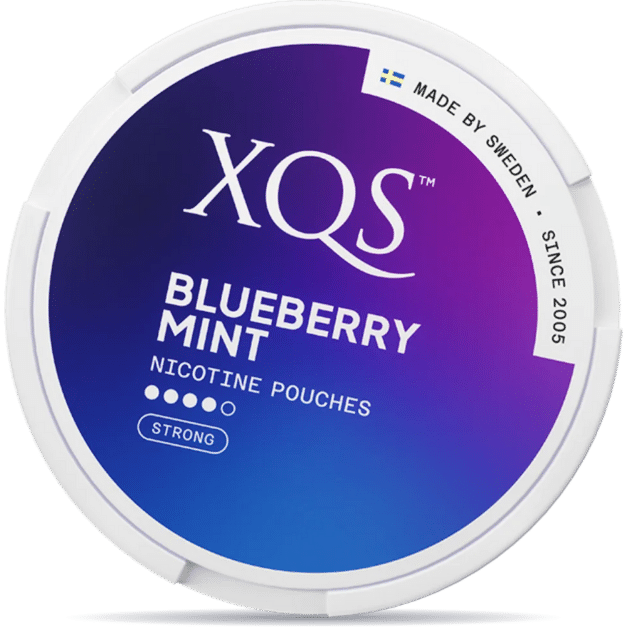 Front view of a can of XQS Blueberry Mint Strong nicotine pouches