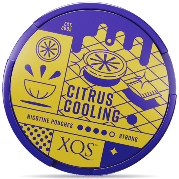 Front view of a can of XQS Citrus Cooling Strong nicotine pouches