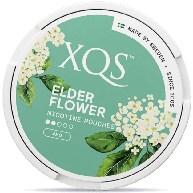 Front view of a can of XQS Elderflower Light nicotine pouches