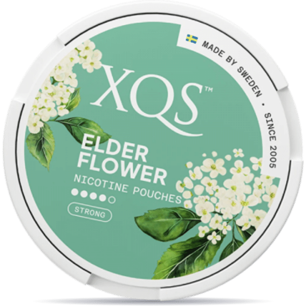 Front view of a can of XQS Elderflower Strong nicotine pouches