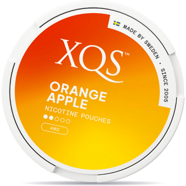 Front view of a can of XQS Orange Apple 4mg nicotine pouches