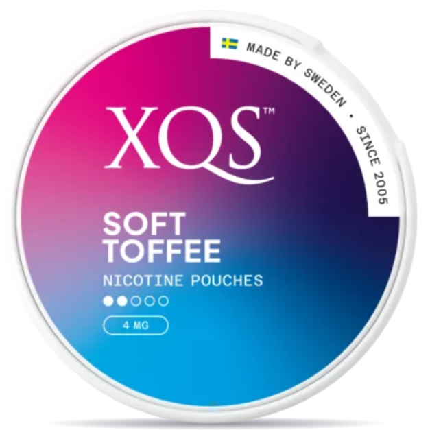 Front view of a can of XQS Soft Toffee Light nicotine pouches