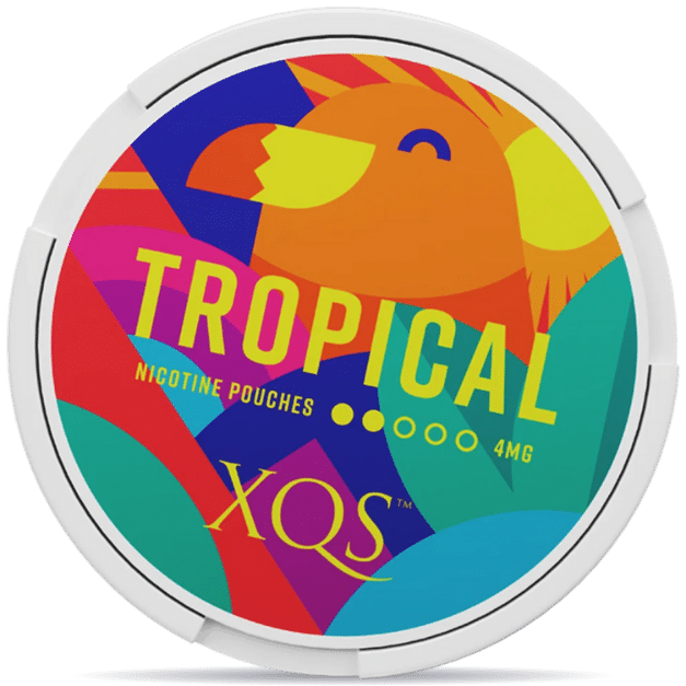 Front view of a can of XQS Tropical 4mg nicotine pouches