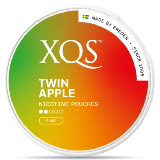 Front view of a can of XQS Twin Apple Light nicotine pouches