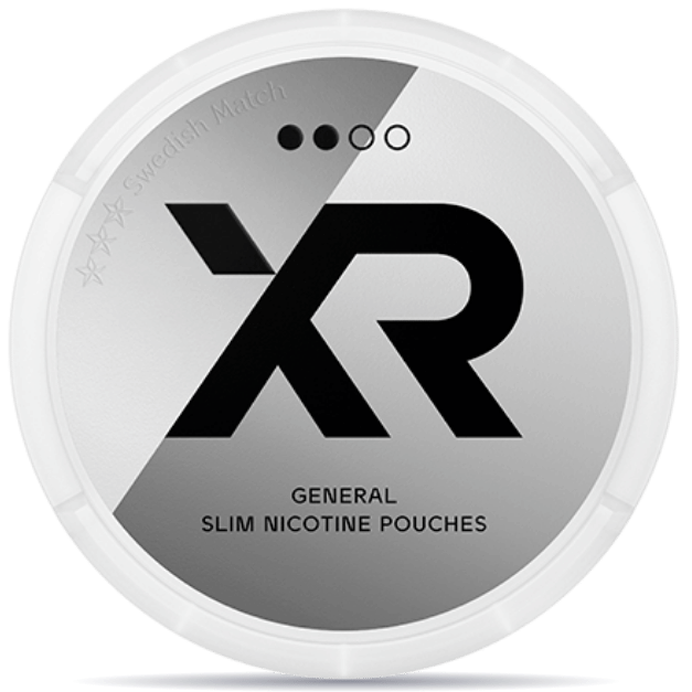 Front view of a can of XR General Slim nicotine pouches