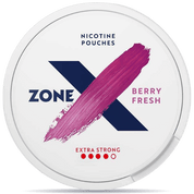 Front view of a can of ZONE X Berry Fresh Extra Strong nicotine pouches