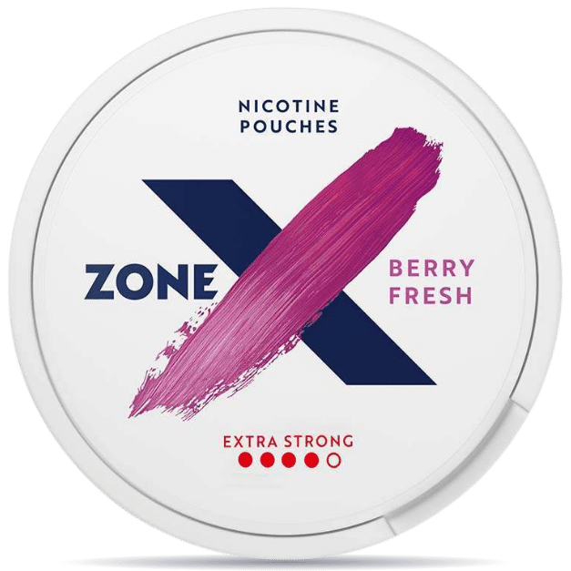 Front view of a can of ZONE X Berry Fresh Extra Strong nicotine pouches