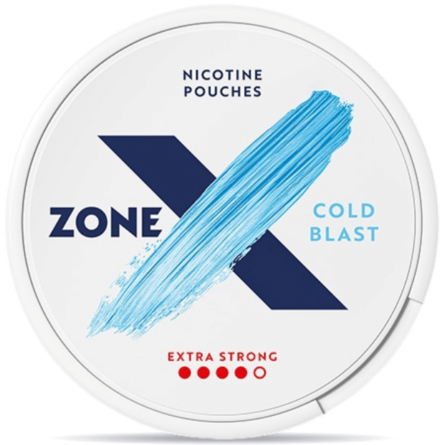 Front view of a can of ZONE X Cold Blast Extra Strong nicotine pouches