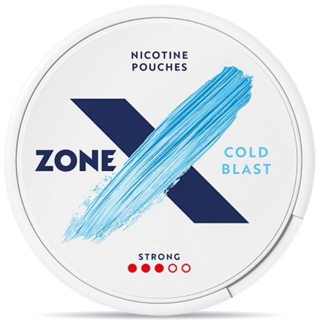 Front view of a can of ZONE X Cold Blast Strong nicotine pouches