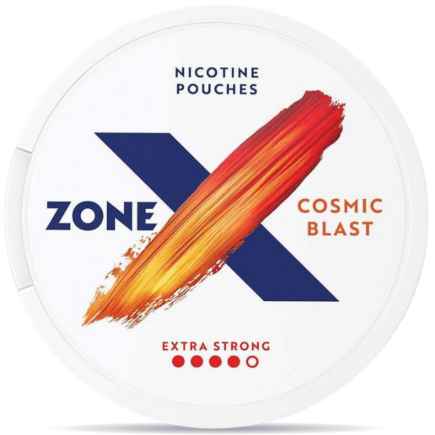 Front view of a can of ZONE X Cosmic Blast Extra Strong nicotine pouches