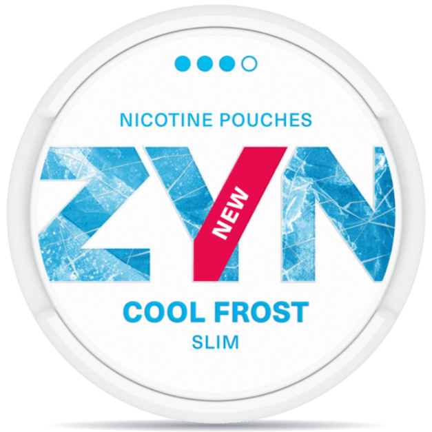 Front view of a can of ZYN Cool Frost Strong Slim nicotine pouches