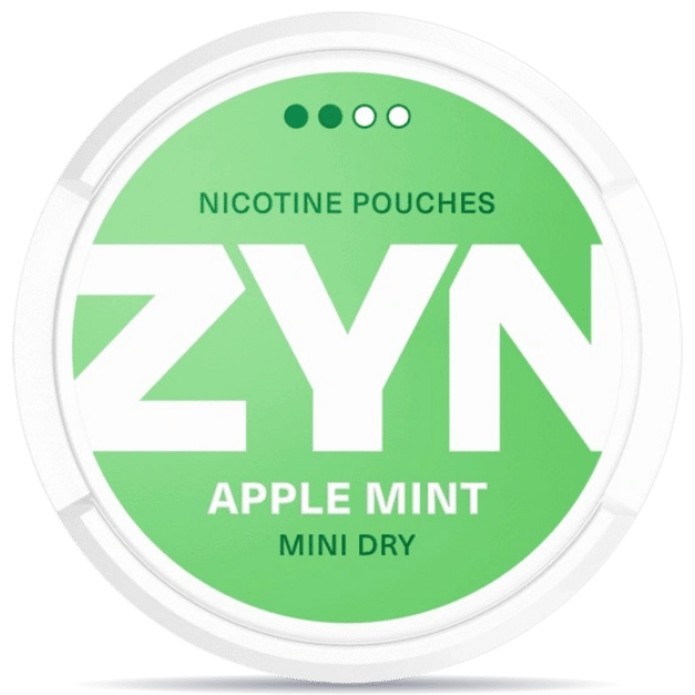 Front view of a can of ZYN Dry Apple Mint Mini 3mg nicotine pouches