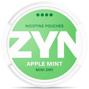 Front view of a can of ZYN Dry Apple Mint Mini 6mg nicotine pouches