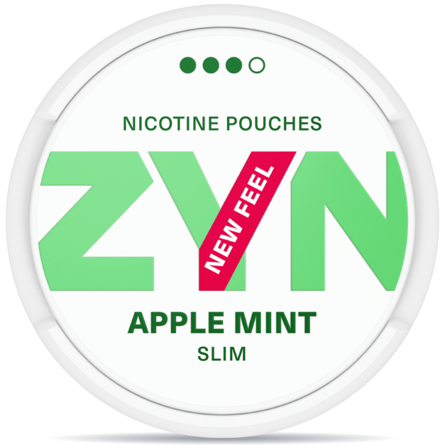 Front view of a can of ZYN Slim Apple Mint Strong nicotine pouches