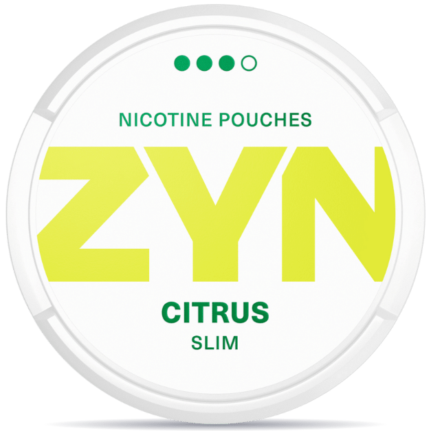 Front view of a can of ZYN Slim Citrus Strong nicotine pouches