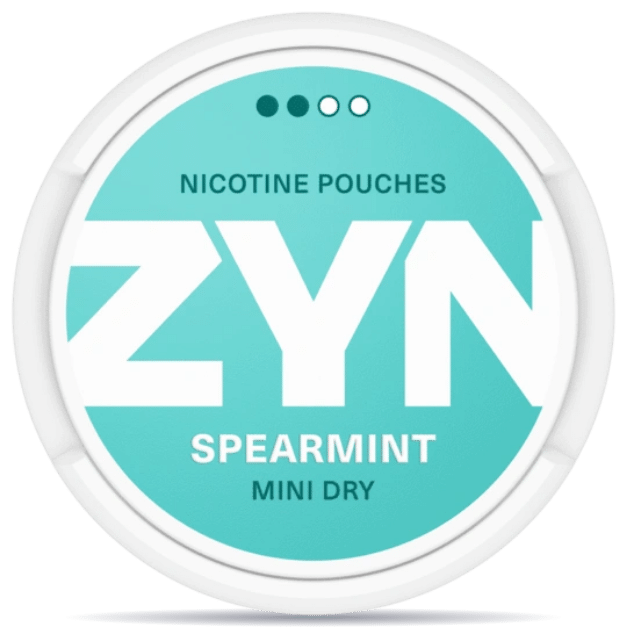 Front view of a can of ZYN Spearmint Mini Dry 3mg nicotine pouches