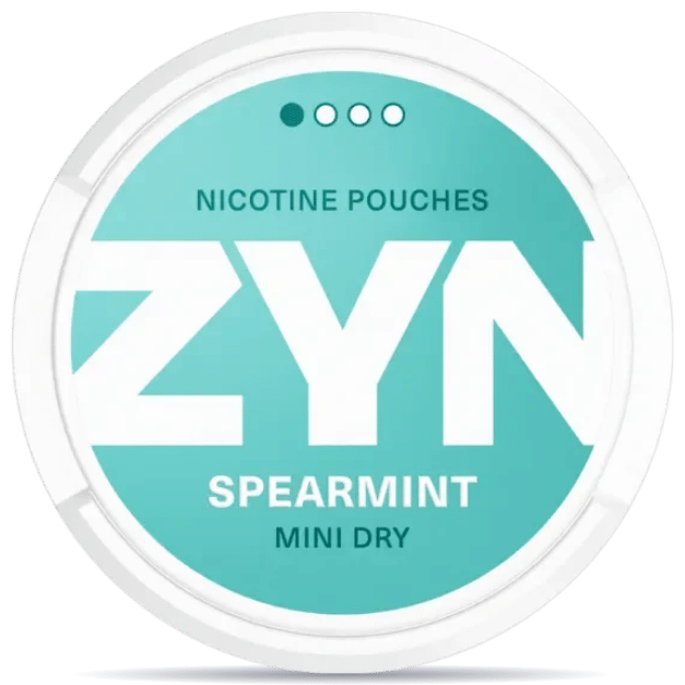 Front view of a can of ZYN Spearmint Mini Dry Low nicotine pouches